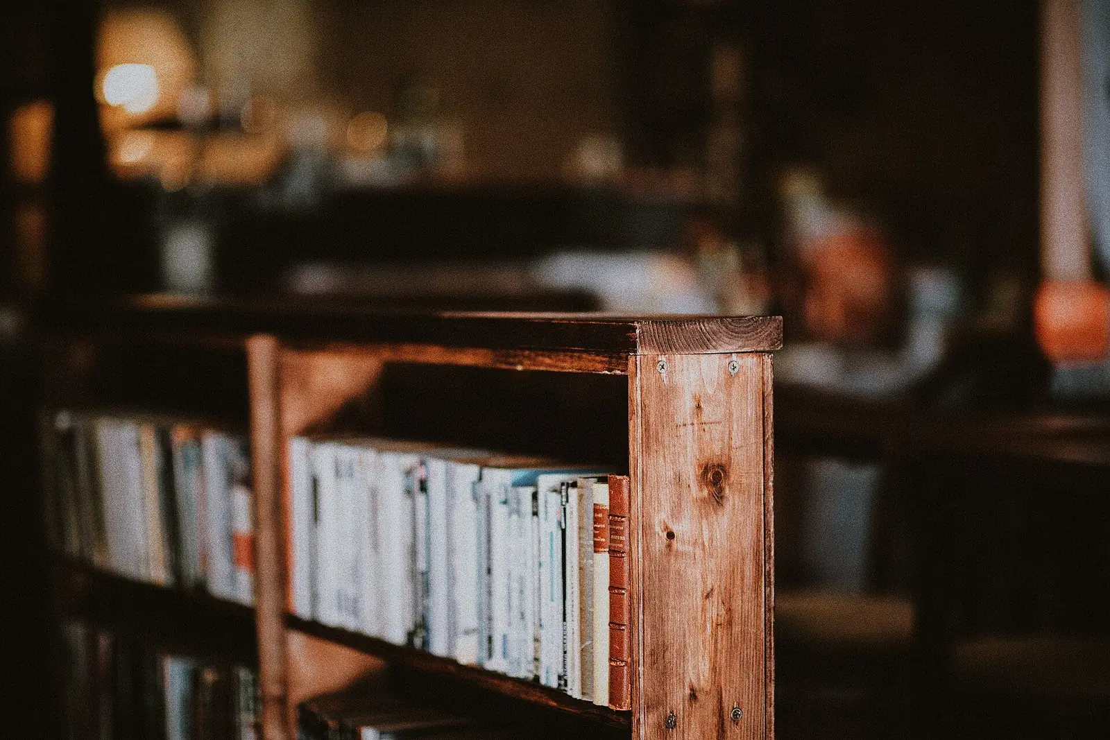 Rayonnage en bois rempli de livres dans une lumière chaude et tamisée
